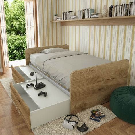 Letto 1 piazza e mezza con cassettoni, personalizzabile e facile montaggio - Quercia