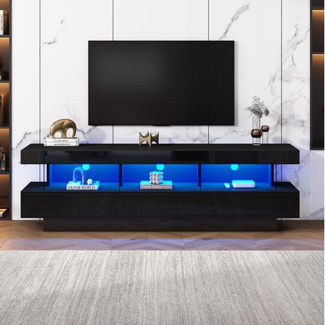 Meuble TV 160 cm noir brillant LED avec étagères verre OKMYHOME (1/5)