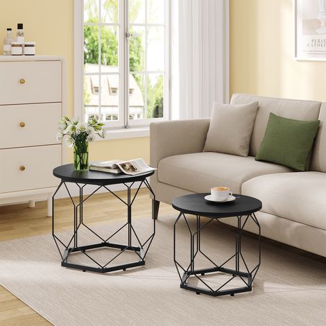 WOLTU 2x Couchtisch Beistelltisch rund, Kaffeetisch Sofatisch mit hohlem Metallrahmen, Stauraum, bis 25 kg, für Wohnzimmer Schlafzimmer Büro, Schwarze Holzoptik (1/5)