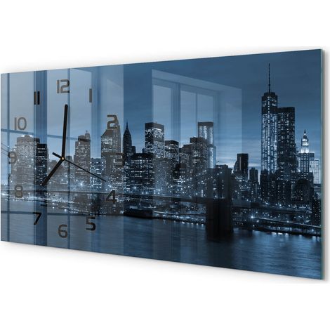 Horloge Murale Bureau 60x30 cm Verre Trempé Silencieuse Moderne New York la nuit (1/5)