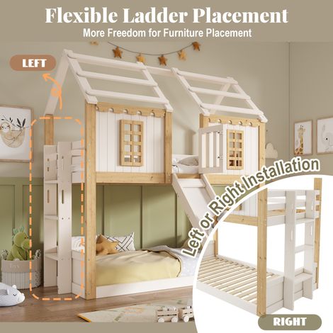 Litera infantil tipo cabaña (213x203x200 cm), con tobogán, escalera reversible, barandilla 360°, madera, blanco y color madera (1/5)