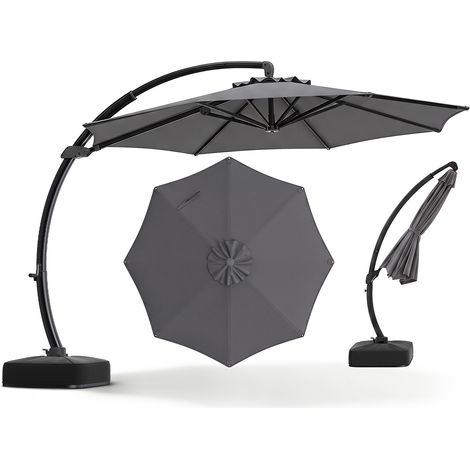 330 cm Parasol de Jardin Extérieur avec Pied, Parasol de Terrasse Déporté Cantilever avec Rotation à 360°, Inclinaison Réglable, Manivelle, Gris (1/5)