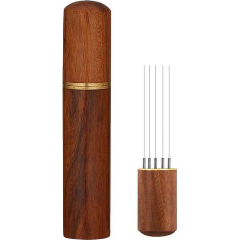 1 Agitateur à café, 5 aiguilles 0,4 mm, manche en bois, support inclus, pour machine expresso (1/5)