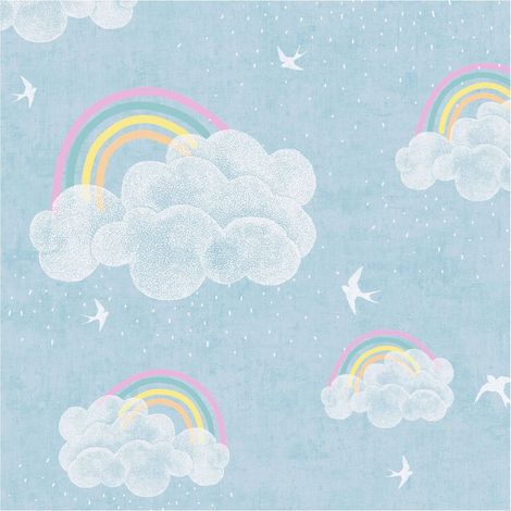 Children wallpaper wall Profhome 771441 non-woven wallpaper smooth with clouds matt blue white fuchsia yellow 5,33 m2 (1/5)