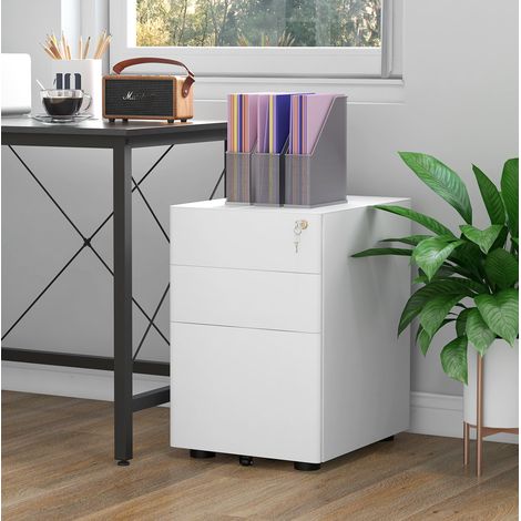 Archivador móvil de 3 cajones con cerradura, acero blanco 39 x 48 x 59 cm DESVIAE (1/5)