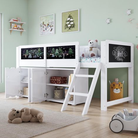 Lit superposé pour enfant, avec placards à double porte et tableau noir pour dessiner, échelle inclinée à deux marches, barrière de sécurité, pin + MDF + contreplaqué, blanc, 90x200cm, garantie 2 ans
