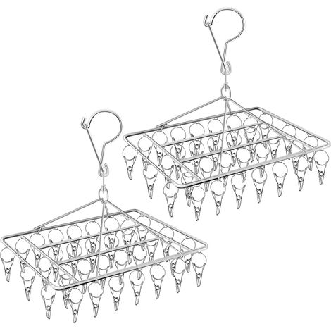 Lot de 2 cintres rectangulaires en acier inoxydable avec 36 pinces à linge pour suspendre des vêtements, sous-vêtements, serviettes, soutien-gorge, écharpes, chaussettes (1/5)