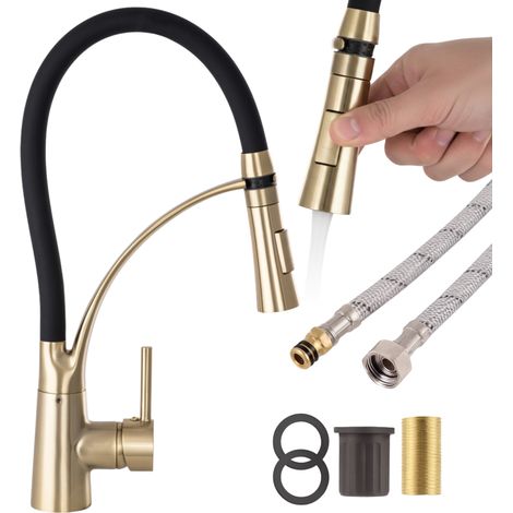Robinet de cuisine flexible noir et or brossé 43 cm avec douchette extractible – mitigeur évier pivotant 360° – 2 jets – montage 35 mm (1/5)
