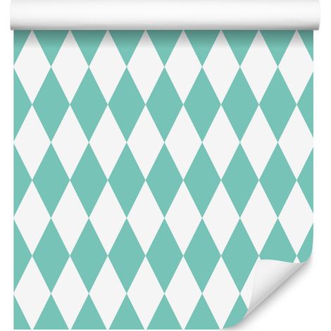 Carta da parati Arlecchino con diamanti, bianca e menta, per soggiorno e camera da letto, 50x1000 cm. (1/5)