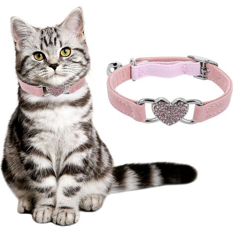 collier Pour Chat En Forme De Coeur Rose Avec Clochette, Ajustable, Avec Harnais, Collier En Strass Pour Animal De Compagnie (1/4)