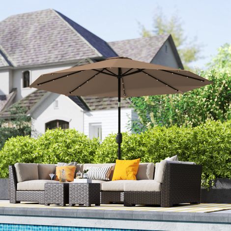 Gartenschirm Ø265 cm mit 32 Solar-LED-Leuchten, Kurbel und Stahlstange für Terrasse und Balkon, Khaki