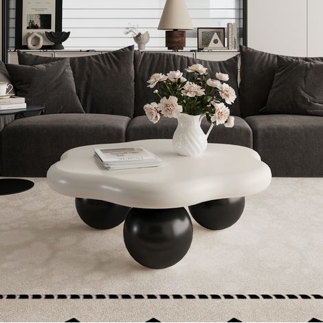 Table basse nuage 80x80x35 cm noir et blanc en MDF avec pieds sphériques et bords arrondis (1/5)
