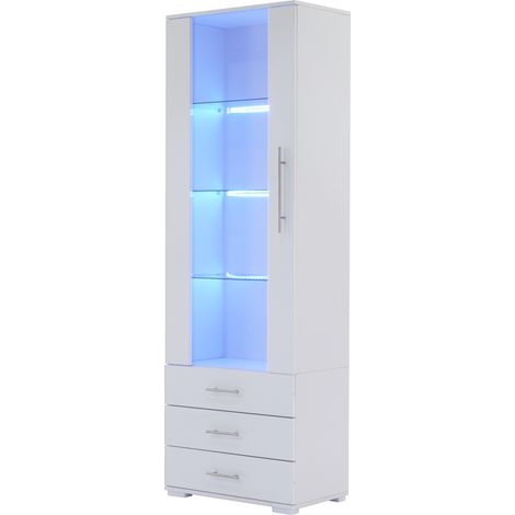 CAIziVitrine blanche brillante, vitrine en verre, vitrine sur pied avec éclairage LED, vitrine verticale avec 3 tiroirs, 6035180cm