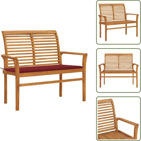 The Living Store Panca da Giardino con Cuscino Rosso Vino 112 cm Legno di Teak - Panca in legno teak