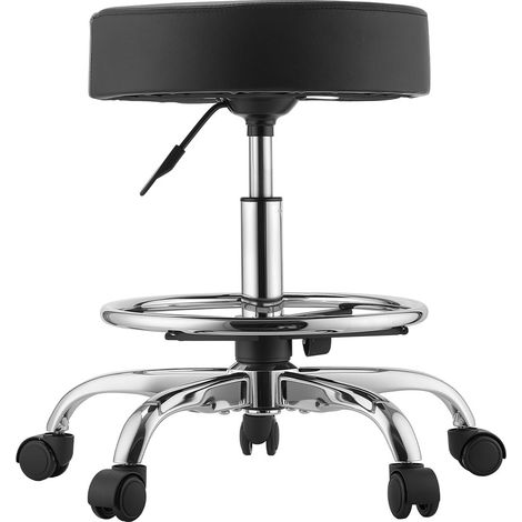 Mophorn Sgabello con Ruote e Poggiapiedi per Ufficio, Sedile Rotondo con Portata di 226,8 kg, Altezza Regolabile, Rivestimento in Similpelle PU, Rotazione a 360°,Nero,Salone, Clinica e Studio Medico (1/5)