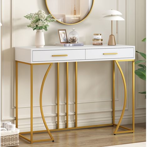 Tavolo consolle 110x32x85 cm bianco in MDF con struttura in metallo, cassetto e piedini regolabili (1/5)