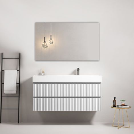Mobile bagno sospeso cannettato 120 cm Bianco Lavabo a Destra in Resina Specchio Quadro - Fiji Paint (1/4)