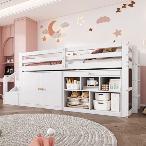 Lit enfant en bois massif 90x200 cm - Avec échelle et table gigogne - Avec espace de rangement - Blanc
