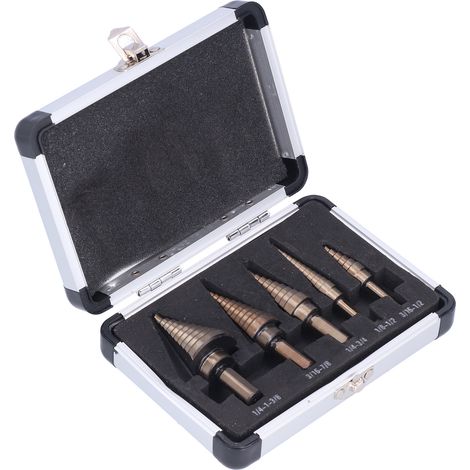 Set de 5 forets étagés spirale, kit mèches à étages avec coffret aluminium, pour travail du bois (1/5)