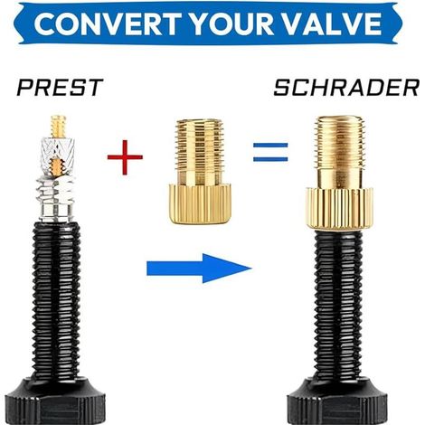 Lot de 10 adaptateurs en laiton pour valves Presta + 10 bouchons de valve Schrader pour vélo Presta vers Schrader AV - Adaptateur de valve de vélo (1/4)