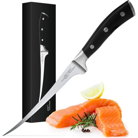 Couteau Filet Poisson - Couteau Cuisine Professionnel - Acier inoxydable, Noir, 31 cm