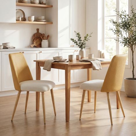 Juego de 2 Sillas de Cocina con Respaldo de PU de Imitación Ratán Patas de Acero y Asiento Acolchado Marrón y Beige (1/5)