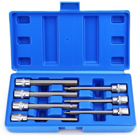 Jeu de douilles hexagonales longues 3/8" 7 pièces 3-10 mm en CR-V avec boîte de rangement pour visseuse à percussion, clé dynamométrique (1/5)