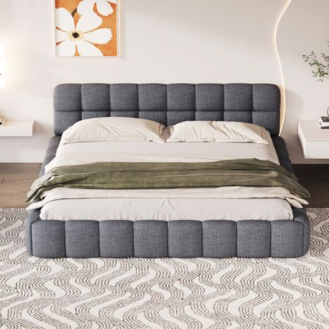 Lit double adulte 140x190 cm avec tête de lit capitonnée, revêtement en lin gris, cadre en métal, sans matelas