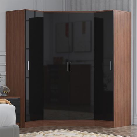 Reflect 3pc Wardrobe Bundle - 2 Door Corner + 2x 1 Door Plain - Black Gloss & Walnut (1/5)