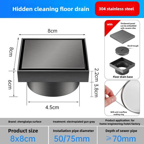 (Grey 8X8-4.5)304 Stainless Steel Straight Cleaning Port, Drainage Pipe, Ground Inspection Port, Sealed Large Displacement Floor Drain (1/4)
