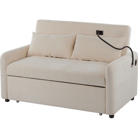 Sofá cama doble extensible de chenilla beige con respaldo reclinable, USB y soporte para móvil (1/5)
