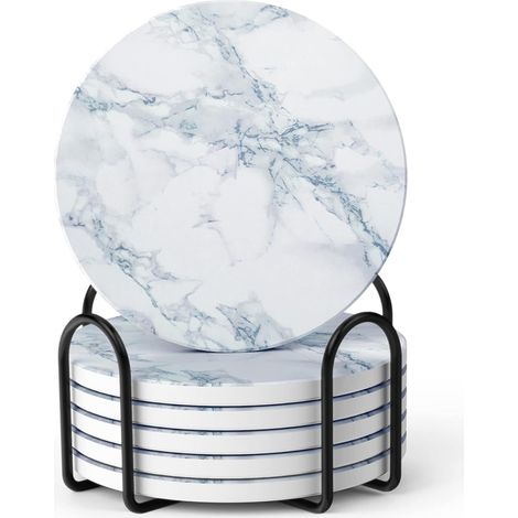 Dessous de Verre, Lot de 6 sous Verre avec Support, Absorbants Coaster en Céramique Antidérapants pour la Maison, Le Café et Les Bars - Dessous de Verre à Motif de Marbre Blanc (1/5)