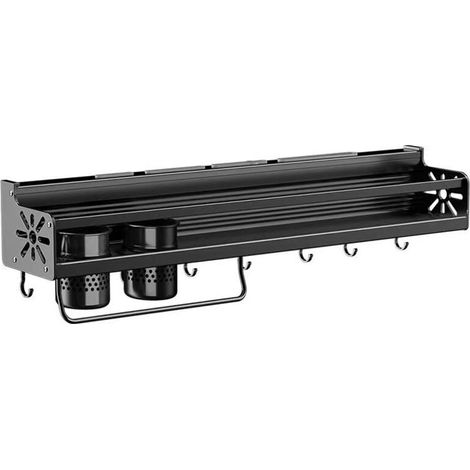 Porte-épices mural – Support avec crochets – Porte-spatules et cuillères – Amovible – Métal – Noir (1/5)