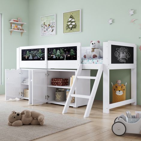 Hochbett, Kinderbett, mit doppeltürigen Stauschränken und einer Tafel zum Malen, Zweistufige Schrägleiter, Sicherheitsgeländer, Kiefer + MDF + Sperrholz
