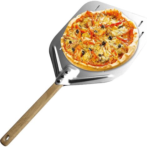 Pelle à pizza 40 x 30 cm, pelle à pizza avec poignée anti-brûlure, poignée amovible, aluminium anodisé dur de 30,5 cm, pelle perforée pour pizza, pain, gâteaux faits maison (argenté) (1/5)