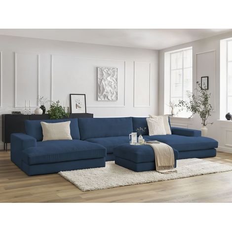 BOBOCHIC - Canapé panoramique fixe compact LEONARD velours côtelé avec pouf   Bleu foncé (1/5)