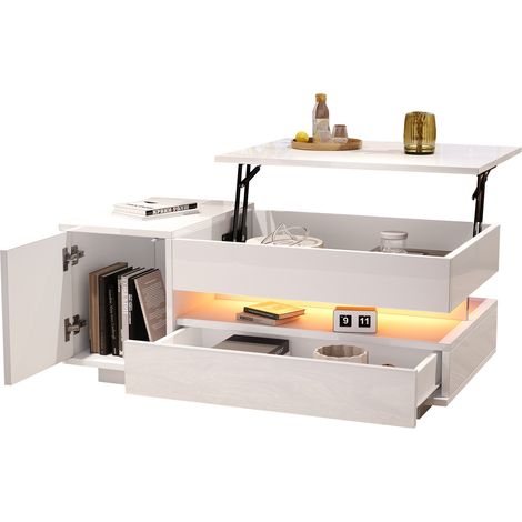 Table basse relevable 955034.5 cm, table de salon, table d’appoint et table à café avec 1 tiroir, 1 meuble, table de salon avec LED, table à thé brillante avec rangement caché et semi-ouvert, blanc