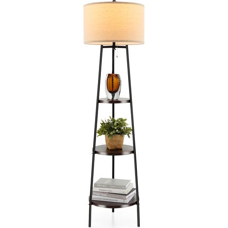 41 x 153 CM Lampadaire avec 3 Étagères en Bois et Abat-jour en Lin, Lampe Haute Style Moderne, pour Salon, Chambre, Décoration Minimaliste, Noir (1/5)