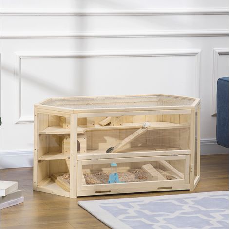 Gabbia per criceto in legno a 3 livelli con rampa e tetto apribile 115 x 60 x 55 cm DESVIAE (1/5)