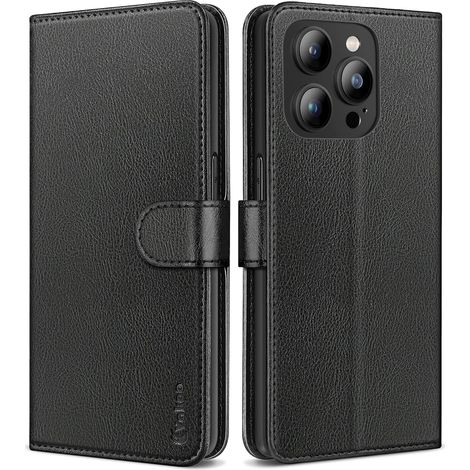 Schutzhülle mit Klappe für Apple iPhone 14 Pro, aus Öko-Leder, schwarz, elegant, von Vakoo (1/5)