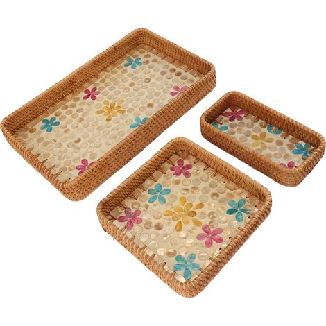 Corbeille de rangement en rotin 3 pièces, plateau à fruits rectangulaire, décor floral multicolore, pour cuisine, salon, restaurant, usage polyvalent, élégant et pratique. (1/5)