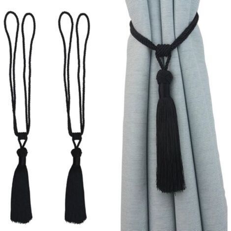 Embrasses de rideaux en corde tressée faits main avec pompons décoratifs – Lot de 2, couleur noir, pour bureau et intérieur (1/5)