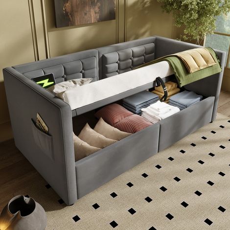 Canapé-Lit Convertible Capitonné 90x200 - Rangement Hydraulique - Charge USB/Type-C - Velours gris - (Sans Matelas) (1/5)