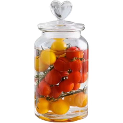 Glasgefäß mit bernsteinfarbenem Deckel zur luftdichten Aufbewahrung von Trockenfrüchten, Kaffeebohnen, Orangenschalen und Teeblättern.