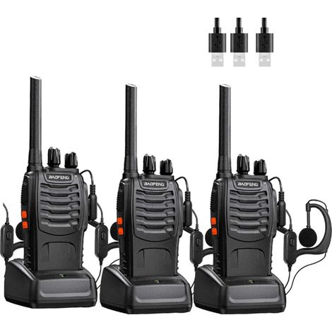 PT88E PMR446 License-Free Walkie Talkie, 16 Channels, Rechargeable with USB Charger, LED Flashlight, Professional Walkie Talkie with Earpiece for Family and School (3pcs, Black)
