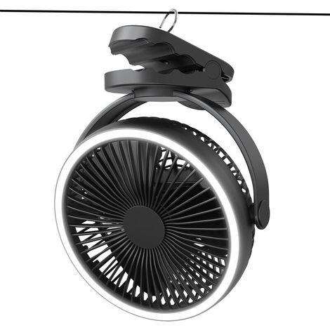 Ventilateur De Camping Clip Ventilateur USB 6-21 Heures D'utilisation 4 Vitesses avec Lumières LED et Tente Crochet Rotation 360° Silencieux Rechargeable Ventilateur de Table pour Extérieur(Noir,25211