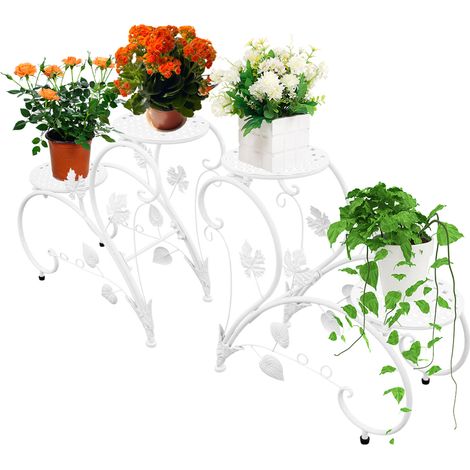 Support Plante d'intérieur et d'extérieur à 2 Étages, Supports de Pots de Fleurs en Métal Pour terrasse, jardin, balcon, salon (2 pièces, Blanc) (1/5)