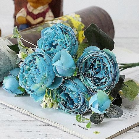 Bouquet de 5 pivoines artificielles en soie pour la décoration de mariage et d'intérieurbleu (1/5)