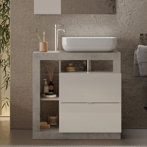 Meuble salle de bain gris béton et blanc + vasque L 80cm GAMA (1/5)
