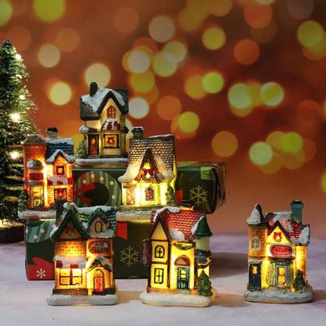 Pueblo navideño con iluminación, farolillo navideño LED, decoración navideña, guirnalda de luces americanas, manualidades navideñas, funciona con pilas (juego de 5 piezas, 4 x 6,5 x 9 cm) (1/5)